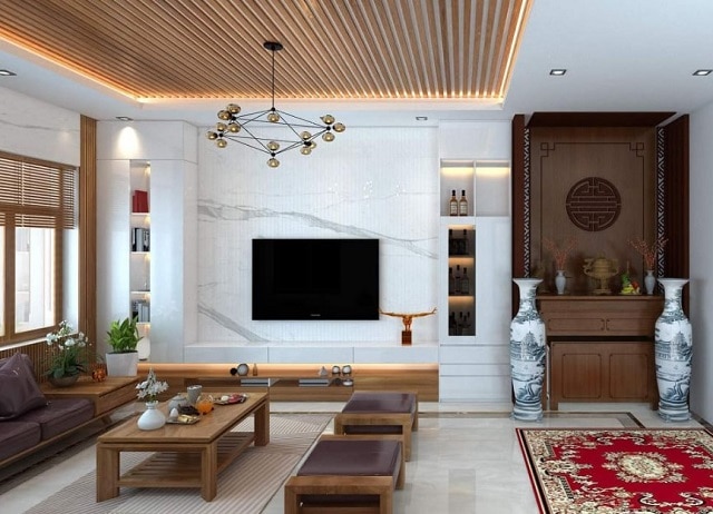 mẫu trần gỗ kết hợp thạch cao 1